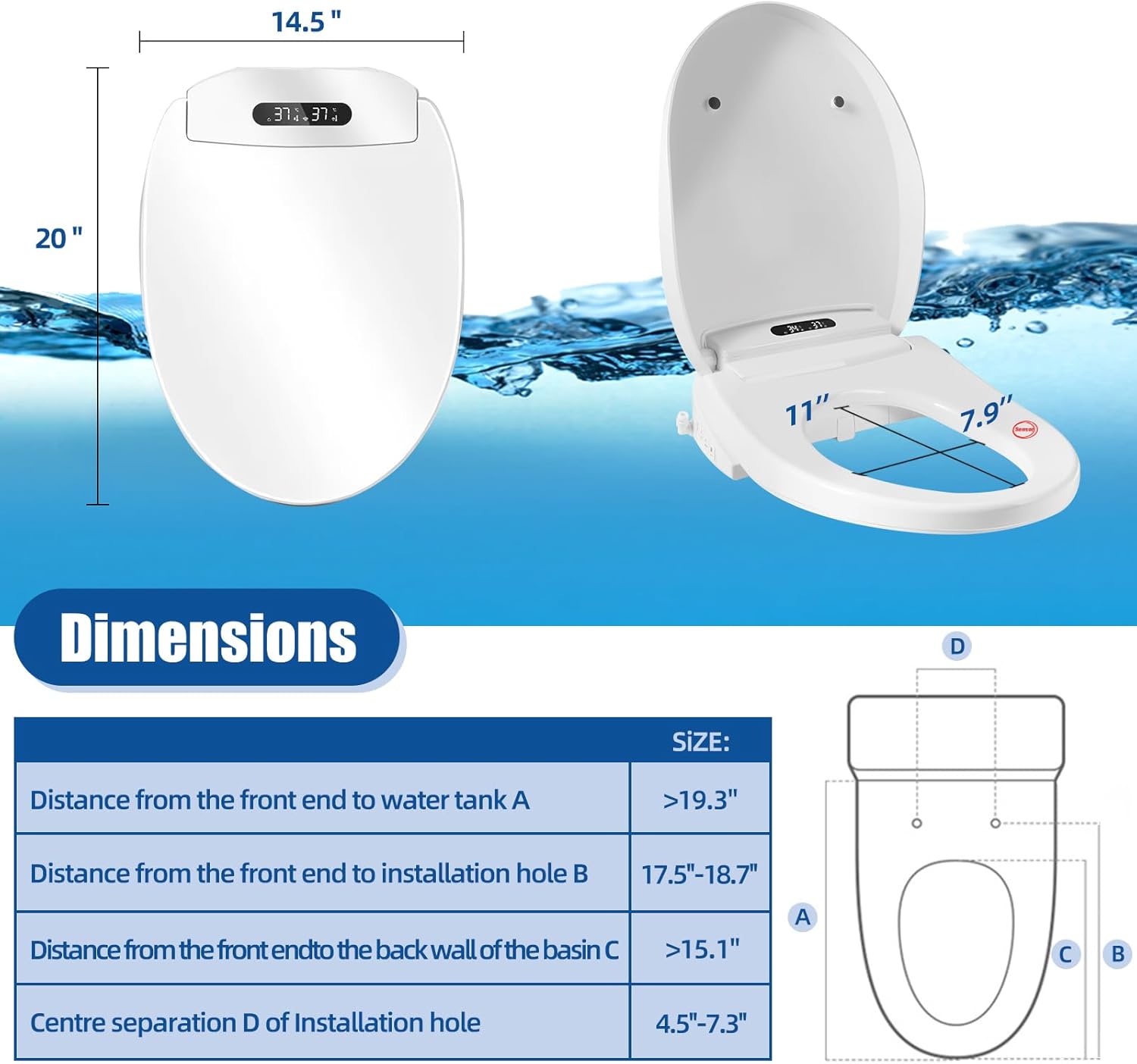 Dimension and fit guide for the elongated electric bidet toilet seat, showing 20 x 14.5 inch overall dimensions, an 11 x 7.9 inch seat opening, and toilet mounting measurements.