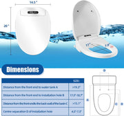 Dimension and fit guide for the elongated electric bidet toilet seat, showing 20 x 14.5 inch overall dimensions, an 11 x 7.9 inch seat opening, and toilet mounting measurements.