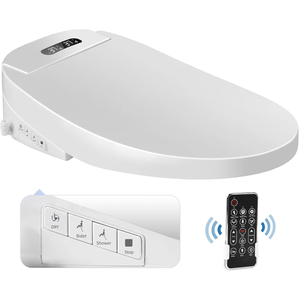 White elongated electric bidet toilet seat shown at an angle with a close-up of the side control buttons and a black wireless remote control.