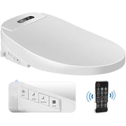 White elongated electric bidet toilet seat shown at an angle with a close-up of the side control buttons and a black wireless remote control.