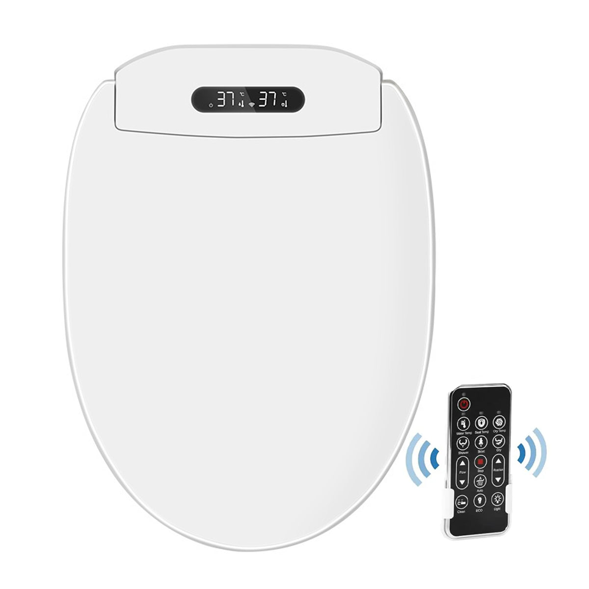 White elongated electric bidet toilet seat with a digital temperature display and black wireless remote control on a white background.