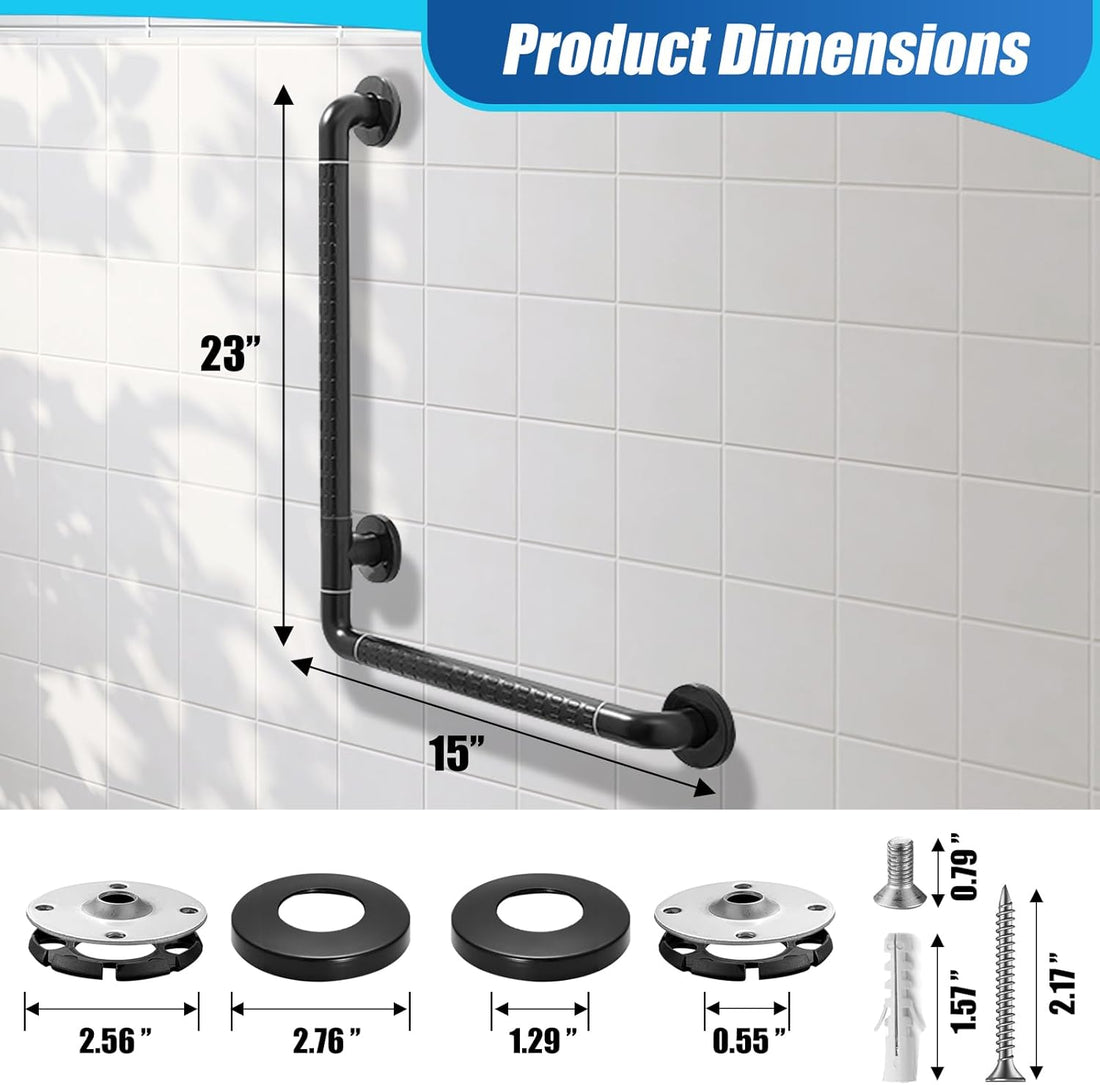 Close-up of the L-shaped bathroom grab bar's stainless steel inner tube, textured ABS outer grip, and threaded corner connector.
