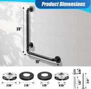 Close-up of the L-shaped bathroom grab bar's stainless steel inner tube, textured ABS outer grip, and threaded corner connector.