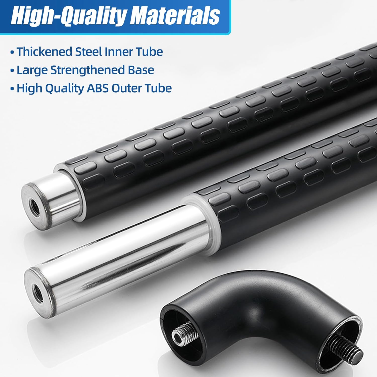Close-up of the L-shaped bathroom grab bar's stainless steel inner tube, textured ABS outer grip, and threaded corner connector.