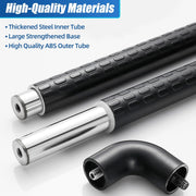 Close-up of the L-shaped bathroom grab bar's stainless steel inner tube, textured ABS outer grip, and threaded corner connector.
