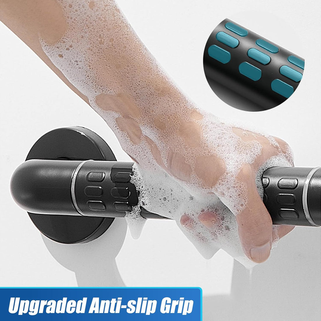 Soapy hand gripping the black bathroom grab bar, with an inset highlighting the raised non-slip texture on the handle.