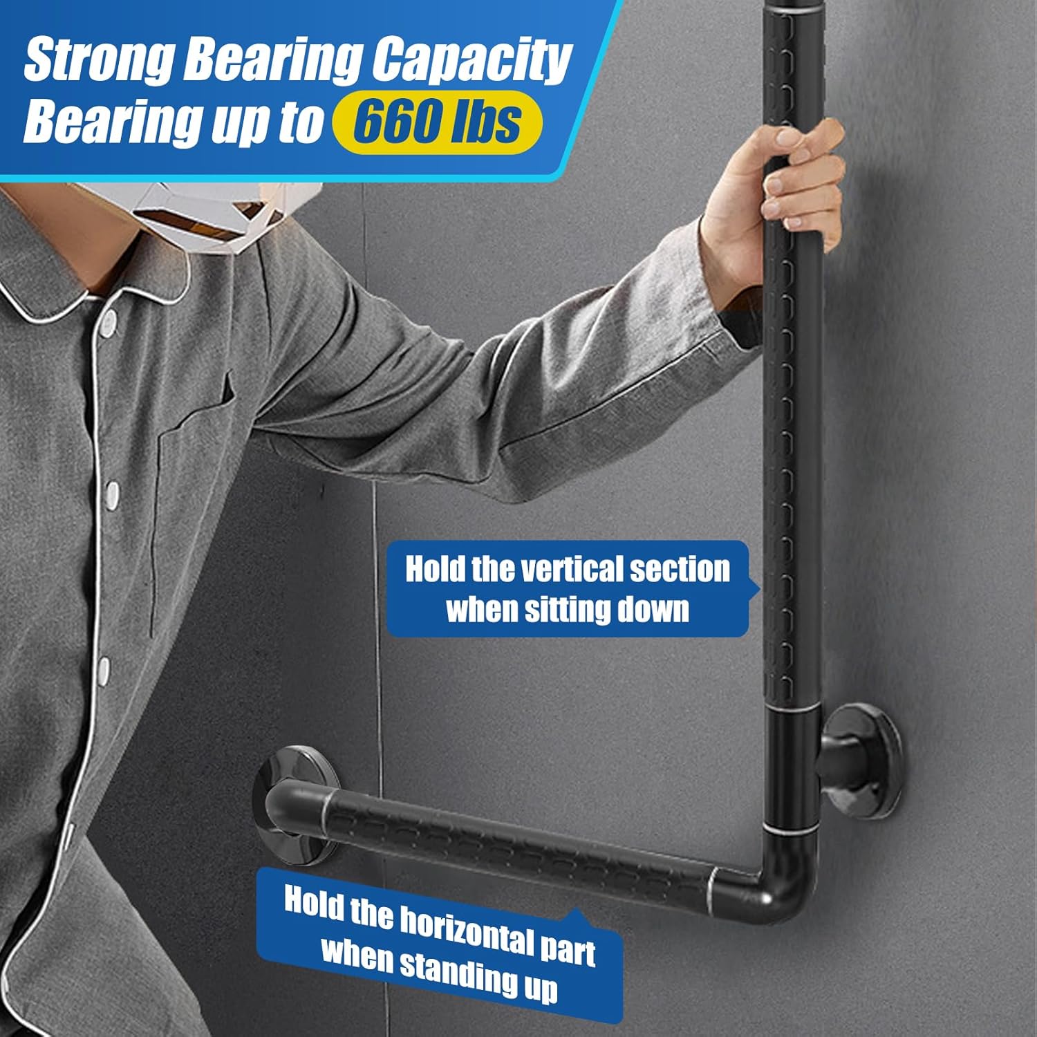 Senior holding the vertical section of a black L-shaped grab bar, with labels showing vertical support for sitting down, horizontal support for standing up, and a stated 660 lb capacity.