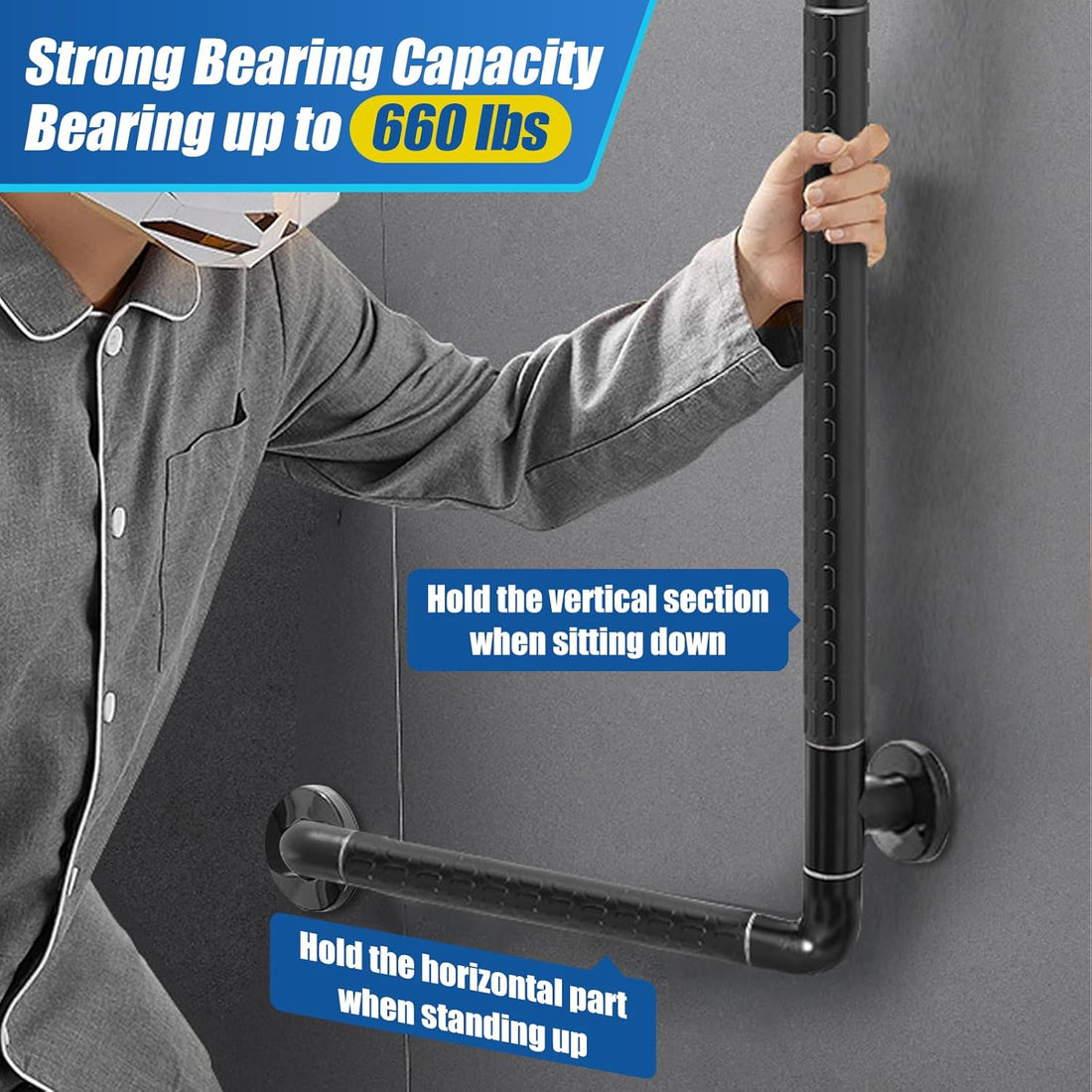 Senior holding the vertical section of a black L-shaped grab bar, with labels showing vertical support for sitting down, horizontal support for standing up, and a stated 660 lb capacity.