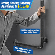 Senior holding the vertical section of a black L-shaped grab bar, with labels showing vertical support for sitting down, horizontal support for standing up, and a stated 660 lb capacity.