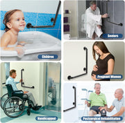 Bathroom grab bar use-case collage showing a child in a bathtub, a senior using bathroom support, a wheelchair user, a pregnant woman, and a person in rehabilitation.