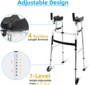 Adjustable upright walker infographic showing four forearm support positions and seven leg height settings, with close-ups of the adjustment holes.