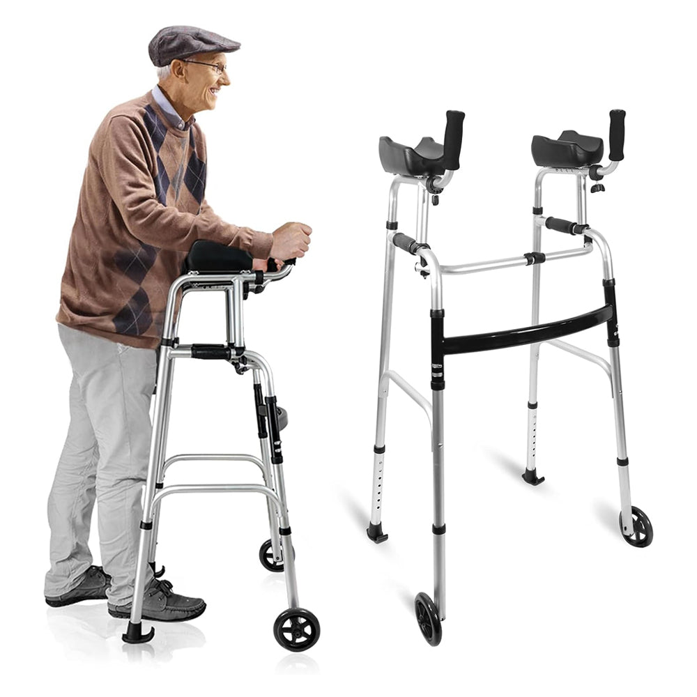 Older man using a silver upright walker with padded forearm supports, shown beside a full product view of the adjustable aluminum frame and front wheels.