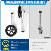 Walker wheel comparison graphic showing upgraded front wheels with bearings and adjustable leg attachments beside a conventional small caster wheel.