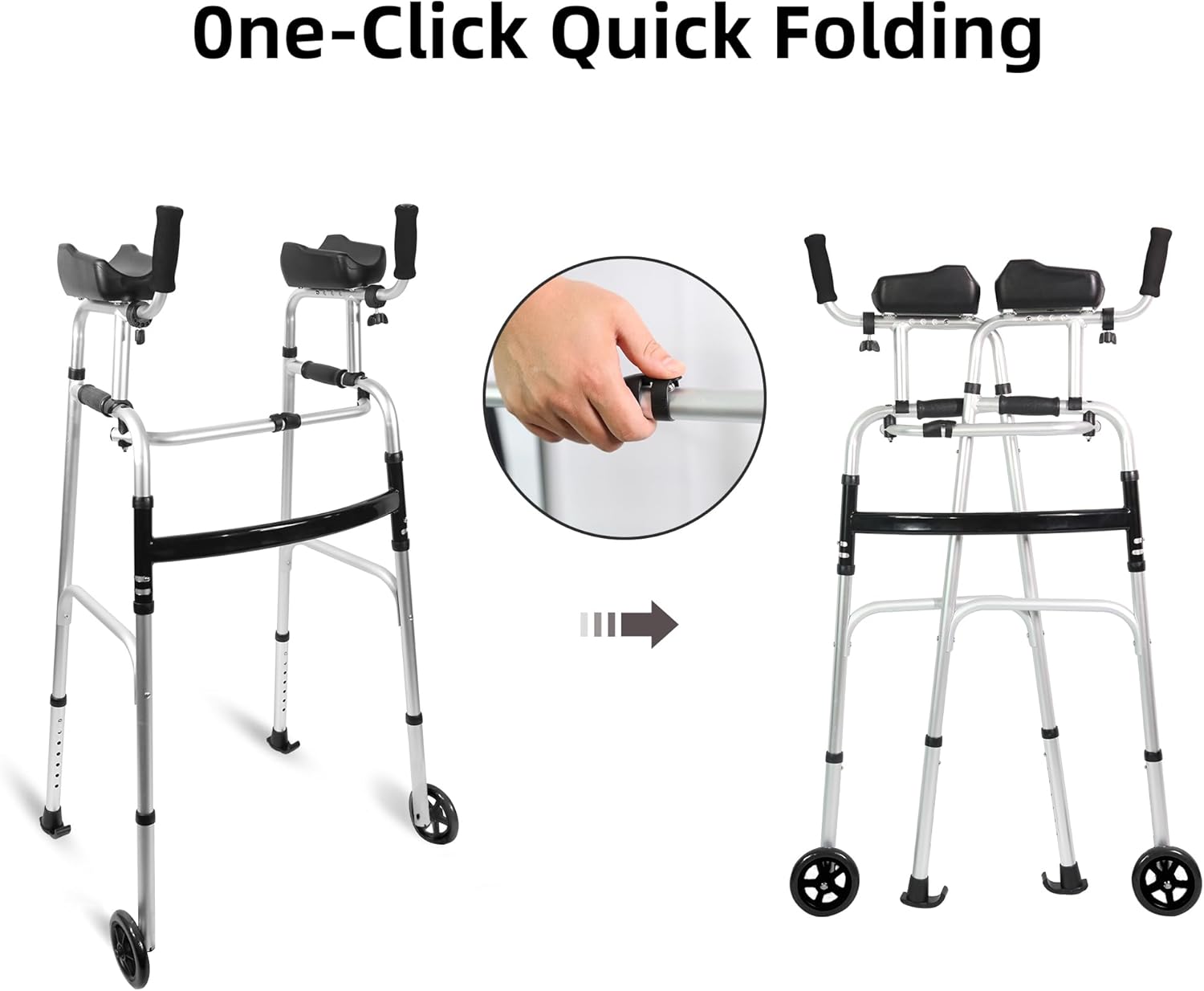 One-click folding guide for the upright walker, showing the open frame, a close-up of the folding release button, and the walker in its folded position.