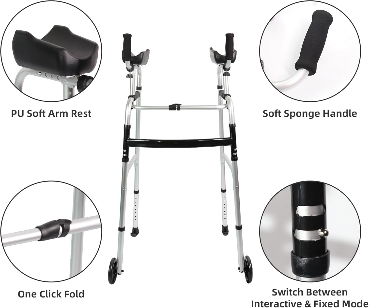Four-detail upright walker feature graphic highlighting the soft PU forearm pads, foam hand grips, one-click folding joint, and adjustable locking mechanism for interactive and fixed modes.