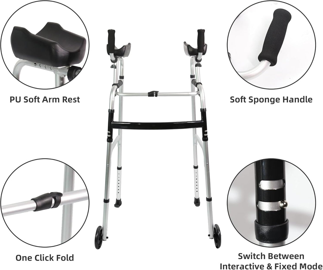 Four-detail upright walker feature graphic highlighting the soft PU forearm pads, foam hand grips, one-click folding joint, and adjustable locking mechanism for interactive and fixed modes.