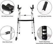 Four-detail upright walker feature graphic highlighting the soft PU forearm pads, foam hand grips, one-click folding joint, and adjustable locking mechanism for interactive and fixed modes.