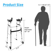 Dimension diagram of the upright walker showing a 27.5-inch width, 22-inch depth, and 40–44 inch adjustable height, beside a user height reference.