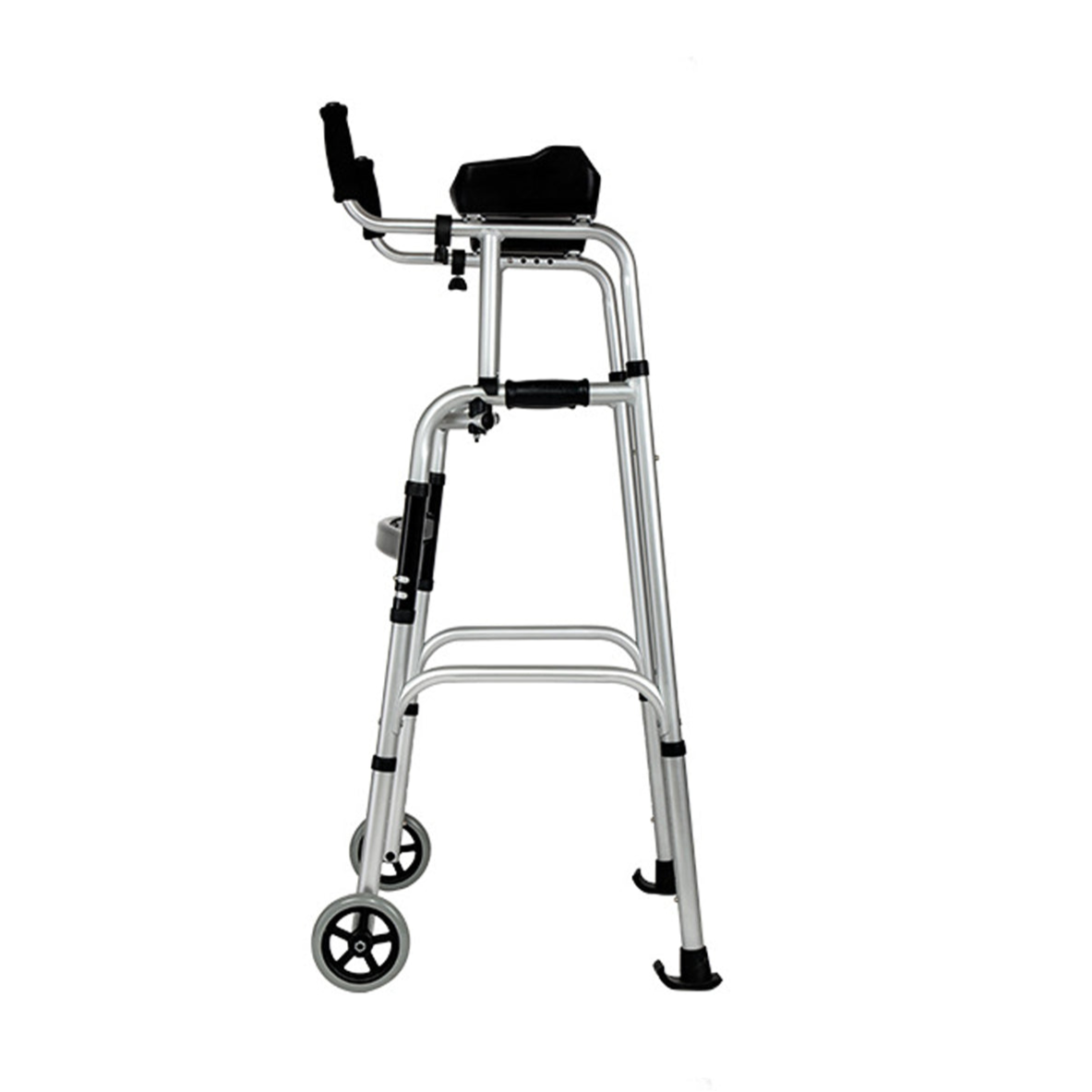 Side view of the silver foldable upright walker, showing the padded forearm support, upper and lower hand grips, adjustable frame, front wheels, and rear gliding feet.
