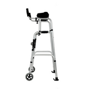 Side view of the silver foldable upright walker, showing the padded forearm support, upper and lower hand grips, adjustable frame, front wheels, and rear gliding feet.