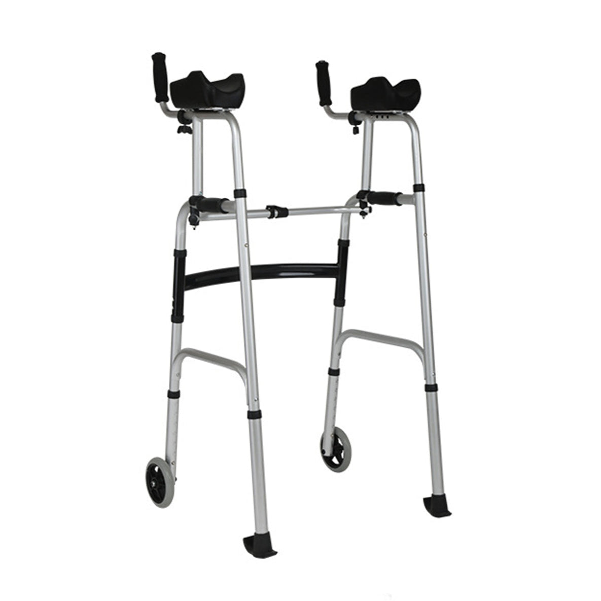 Three-quarter view of the silver upright walker with two padded forearm rests, dual hand grips, folding crossbars, adjustable legs, and front wheels.