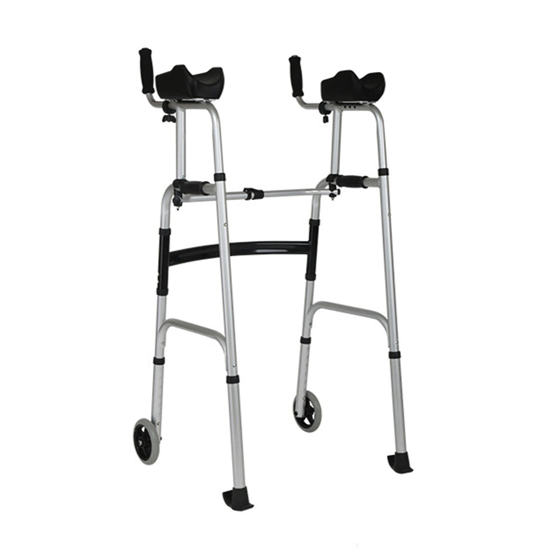 Three-quarter view of the silver upright walker with two padded forearm rests, dual hand grips, folding crossbars, adjustable legs, and front wheels.
