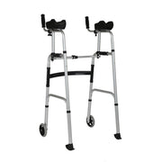 Three-quarter view of the silver upright walker with two padded forearm rests, dual hand grips, folding crossbars, adjustable legs, and front wheels.
