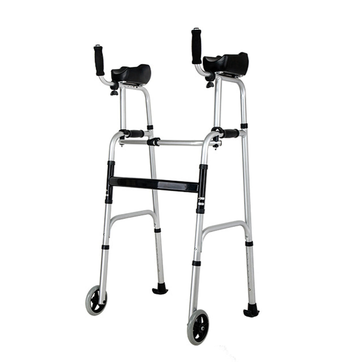Silver foldable stand-up walker with black padded forearm supports, dual hand grips, adjustable aluminum legs, two front wheels, and rear gliding feet on a white background.