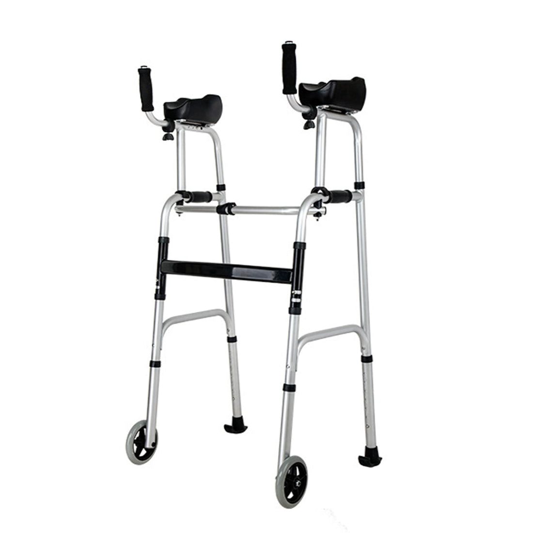 Silver foldable stand-up walker with black padded forearm supports, dual hand grips, adjustable aluminum legs, two front wheels, and rear gliding feet on a white background.