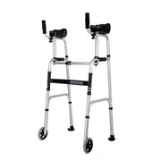 Silver foldable stand-up walker with black padded forearm supports, dual hand grips, adjustable aluminum legs, two front wheels, and rear gliding feet on a white background.