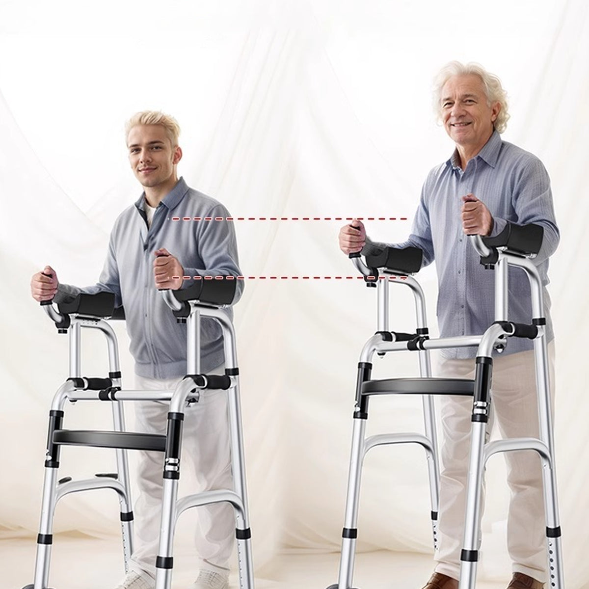 Two users of different heights standing with adjustable upright walkers, with dashed lines illustrating the difference in forearm support height.