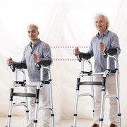 Two users of different heights standing with adjustable upright walkers, with dashed lines illustrating the difference in forearm support height.