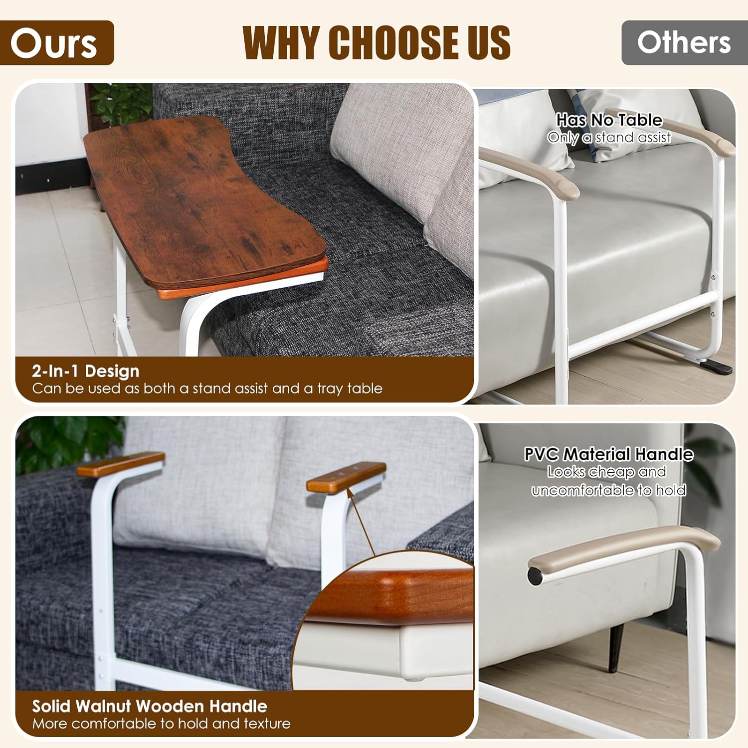 Comparison infographic showing a sofa stand assist with a removable wooden tray table and wooden handles beside a conventional stand assist with plastic handles.