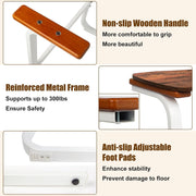 Three-panel feature graphic of the sofa stand assist showing the wooden handle, reinforced metal frame, and adjustable non-slip foot pads.