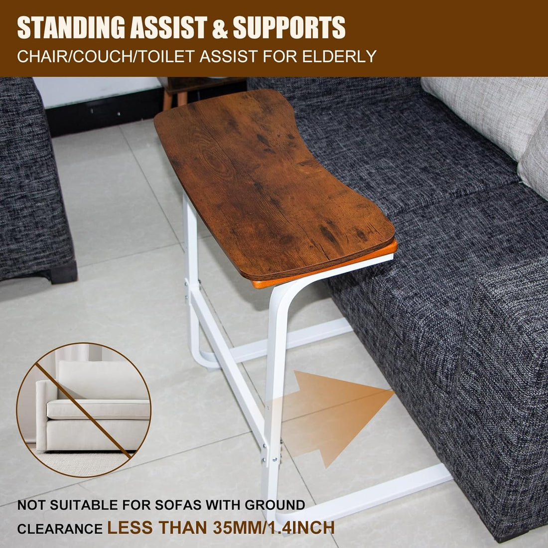 Sofa stand assist with wooden tray table positioned beside a couch, with a diagram showing the base sliding underneath and a minimum 1.4-inch furniture clearance requirement.
