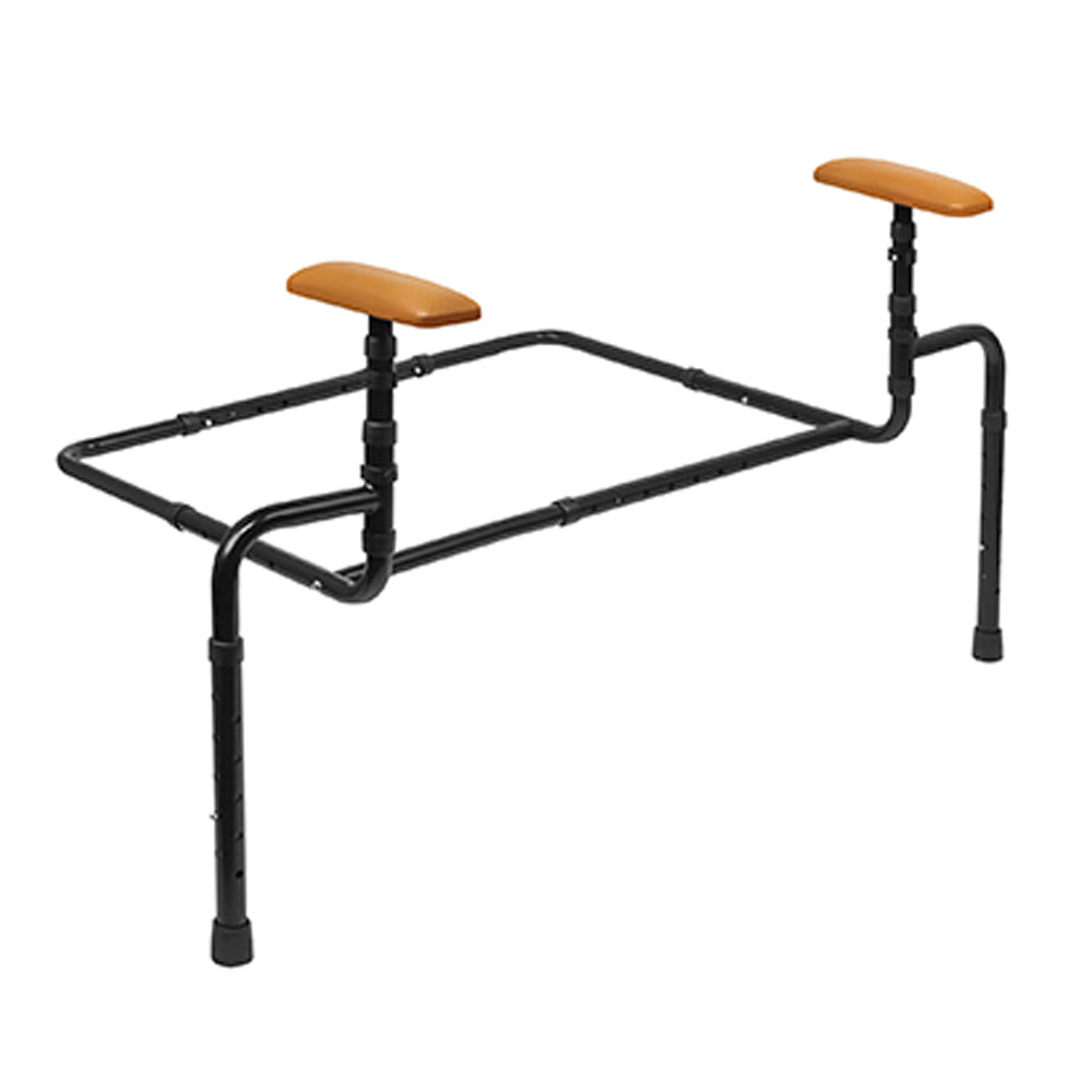 Adjustable sofa standing assist rails with a black metal frame, brown padded armrests, telescoping legs, and a reinforced front crossbar on a white background.