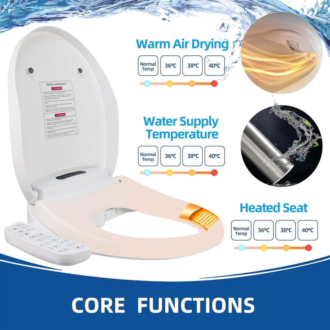 Electric heated bidet toilet seat with an open lid, illustrating adjustable warm air drying, water temperature, and heated seat settings, with close-ups of the dryer and stainless steel nozzle.