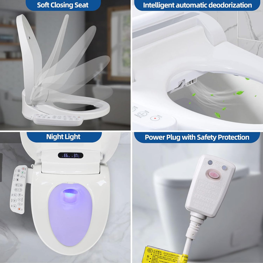 Four-panel electric bidet toilet seat infographic showing the soft-close lid, automatic deodorization, illuminated toilet bowl, and power plug with safety protection.