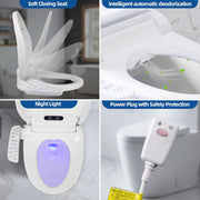 Four-panel electric bidet toilet seat infographic showing the soft-close lid, automatic deodorization, illuminated toilet bowl, and power plug with safety protection.