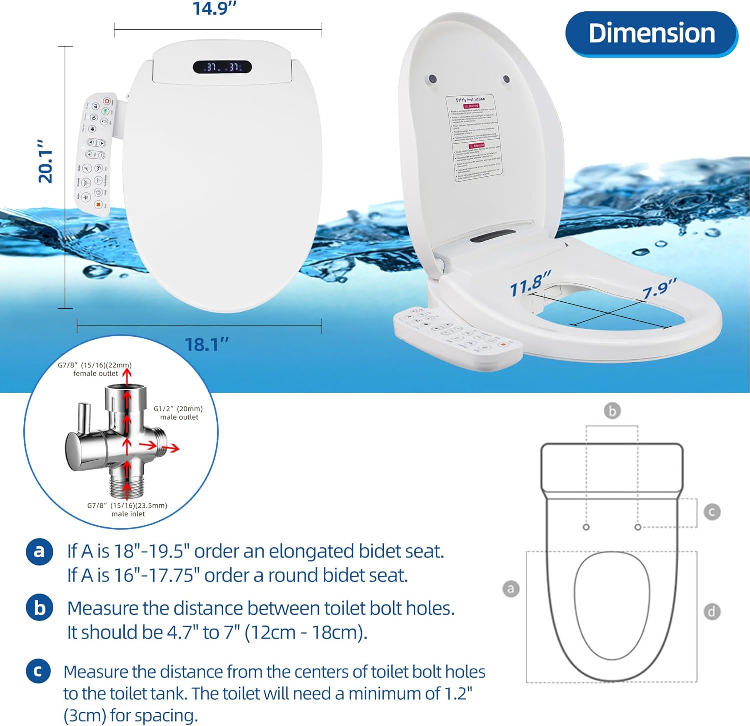 Dimension and fit guide for the elongated electric bidet toilet seat, showing 20.1 x 14.9 inch overall dimensions, an 11.8 x 7.9 inch seat opening, toilet mounting measurements, and water valve connections.