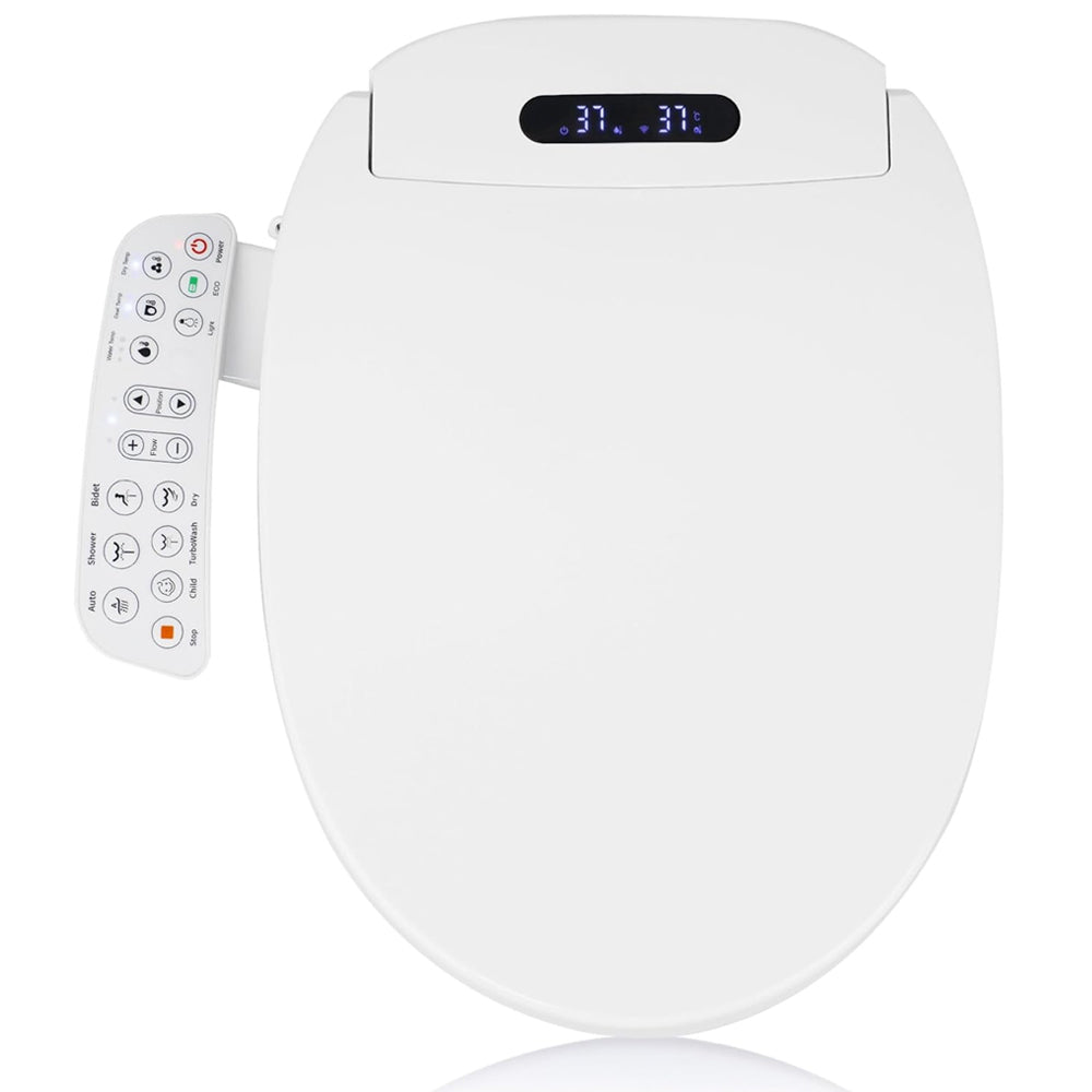 White elongated electric heated bidet toilet seat with a side control panel and digital temperature display, shown with the lid closed on a white background.