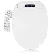 White elongated electric heated bidet toilet seat with a side control panel and digital temperature display, shown with the lid closed on a white background.
