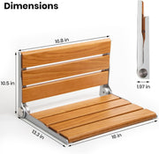 Dimension diagram of the wooden folding shower seat showing a 16-inch seat width, 13.3-inch depth, 10.5-inch backrest height, and 1.97-inch folded thickness.
