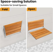 Wall-mounted wooden shower seat shown folded flat against a tiled wall and opened into a horizontal seating position, illustrating its space-saving design.