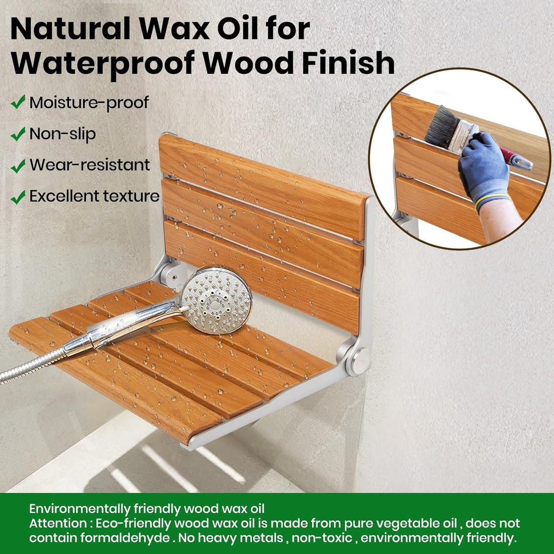 Wooden folding shower seat under running water, with a close-up of wax oil being applied to the wood and water droplets on the slatted surface.