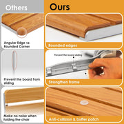 Comparison infographic of the wooden folding shower seat highlighting rounded wood edges, reinforced aluminum frame with positioning blocks, and an anti-collision buffer pad.
