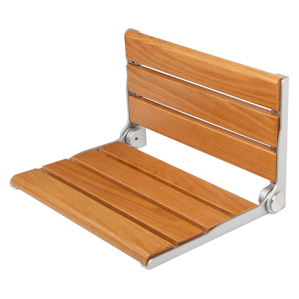 Wall-mounted folding shower seat with a solid wood slatted seat and backrest, silver aluminum frame, and side folding hinges on a white background.