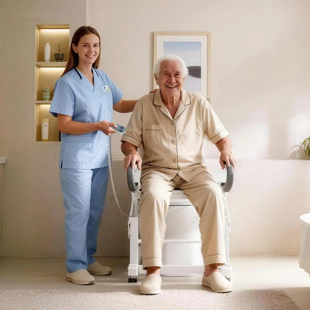 Older man seated on an electric toilet lift seat while a caregiver in blue scrubs holds the wired controller, showing the padded armrests and bathroom use.