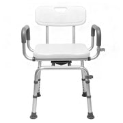 White swivel shower chair with backrest, gray padded armrests, adjustable aluminum frame, and four non-slip feet on a white background.