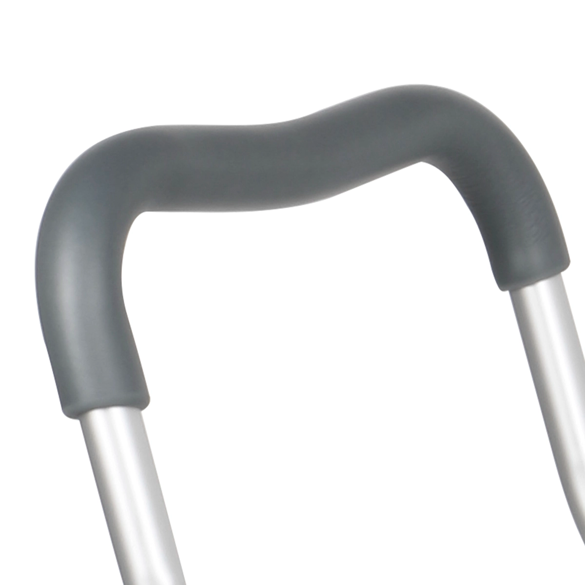 Close-up of the extra-wide shower chair's gray M-shaped armrest, showing the contoured non-slip grip and aluminum support tubes.